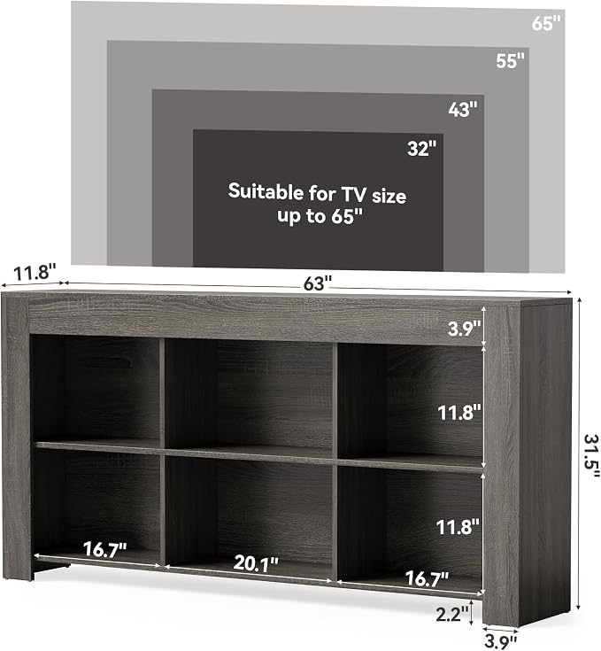 LITTLE TREE TV Stand with Storage, 63-Inch Entertainment Center with Shelves, Modern Media Console for Television up to 65" for Living Room, Bedroom, Grey + Black - Image 3