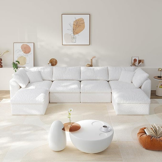 138" Modular Sectional Sofa Boneless Cloud Couch for Living Room, U Shape Deep Seat Recliner Sofa with Ottoman, Adjustable Backrest & 2 Throw Pillows - Covers Washable, (White, 4 Seater+2 Ottoman)
