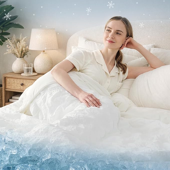 Cozy Bliss Cooling Comforter Seersucker Plaid Full Size, Q-Max 0.45 Lightweight Cooling Blanket, Breathable Silk Smooth Summer Bedding Quilt for Hot Sleepers Night Sweats White