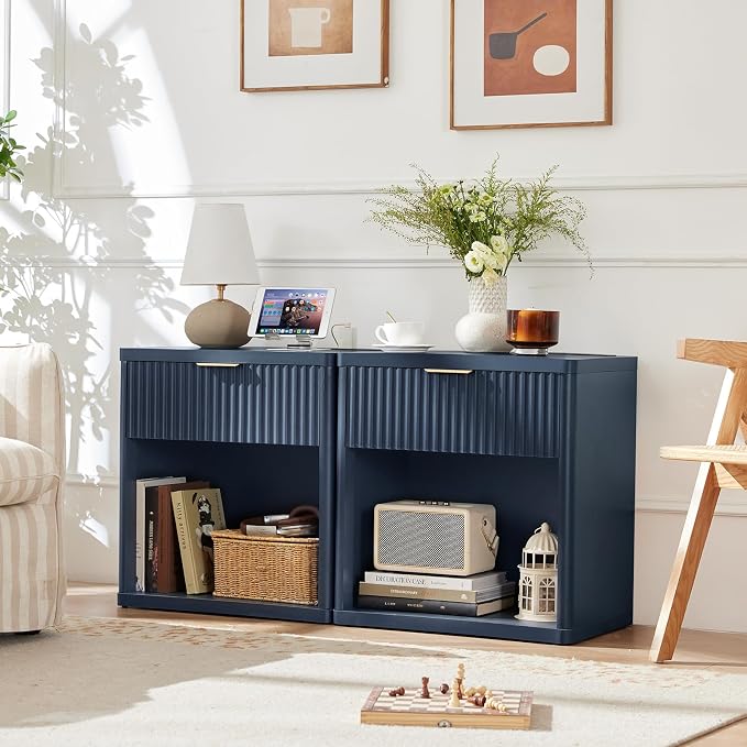 LEYAOYAO Fluted Nightstand with Charging Station, 23" Wide 1 Drawers End Table,Blue Night Stand with Open Storage Cabinet, Farmhouse Bed Side Tables, Wood Dresser for Bedroom, Living Room, Closet - Image 3