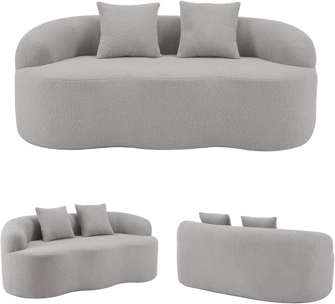 Curved Compression Sofa, Modern Loveseat Couch with Rounded Armrests & 2 Coordinating Pillows, 67'' Polyester 2 Seater Sofa for Small Living Room, Bedroom and Offices, No Assembly, Grey