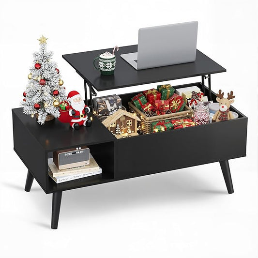 WLIVE Coffee Table for Living Room, Lift Top Coffee Table with Storage, Small Rising Wooden Dining Center Table with Storage Shelf & Hidden Compartment, 39" Black