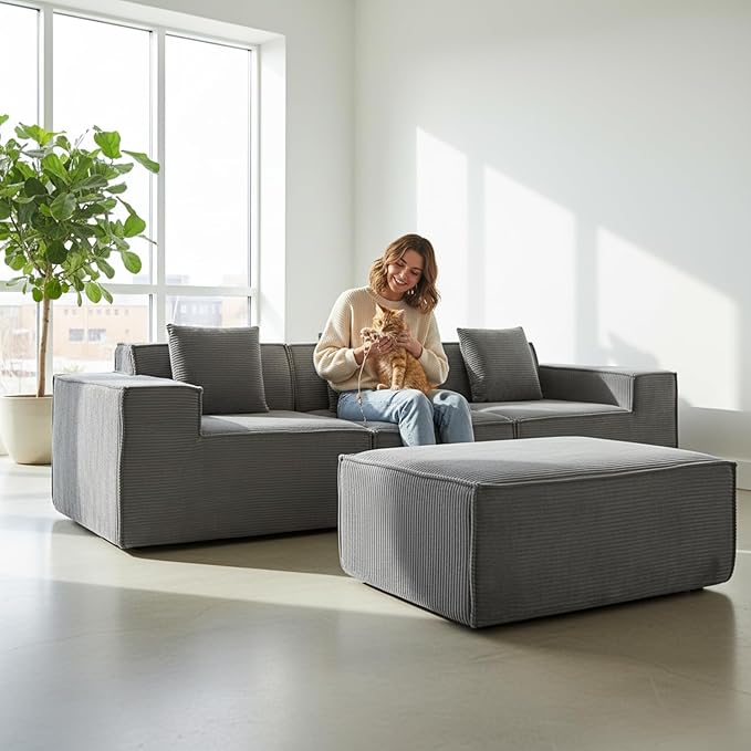 Rowan Convertible Corduroy Sectional Couch with Ottoman & Pillows, Modular L Shaped Sleeper Sofa, Boneless Cloud Couch for Living Room Furniture, Dark Grey