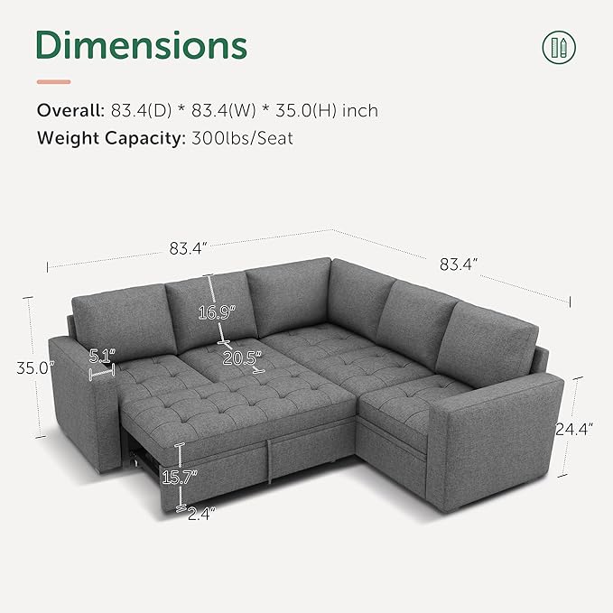 HONBAY Modular Sectional Sleeper Sofa with Pull Out Bed, Linen Convertible L Shaped Couch with Storage Seat, Sectional Couches for Living Room,Grey