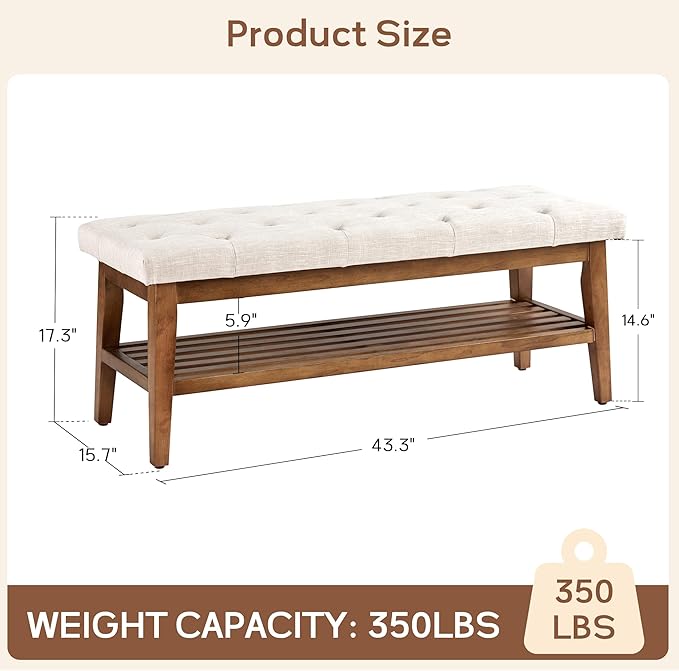 HUIMO Entryway Shoe Bench, End of Bed Bench,Upholstered Button-Tufted Bench for Kitchen, Fabric Ottoman Bench for Living Room, Padded Bench with Solid Wood Shelf Beige - Image 2
