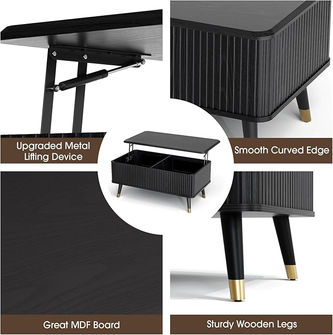 Lift Top Coffee Table with Storage, Modern Coffee Table with Solid Wood Legs, 38" Minimalist Fluted Center Table for Living Room, Home Office, Black