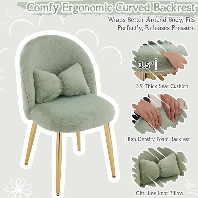 VINGLI Fluffy Girls Vanity Chair with Back & Pillow,Cute Small Cozy Desk Chair No Wheels,Comfy Makeup Ch with Ajustable Gold Legs,for Bedroom,Living Room,Small Space,Green