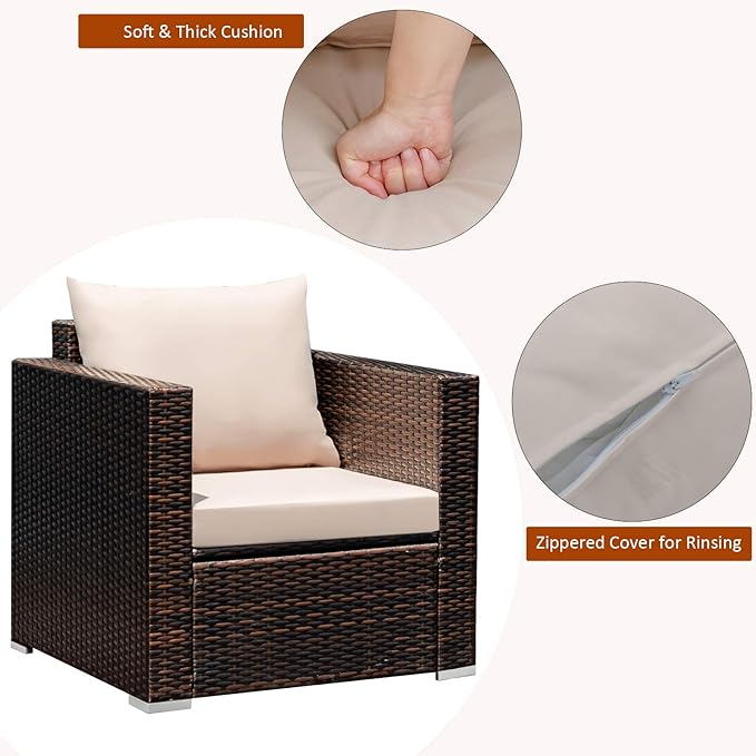 Tangkula 3 Pieces Patio Furniture Set, Outdoor Conversation Rattan Furniture Set w/Washable Cushion and Tempered Glass Tabletop, PE Rattan Wicker Sofa Set for Garden Poolside Balcony