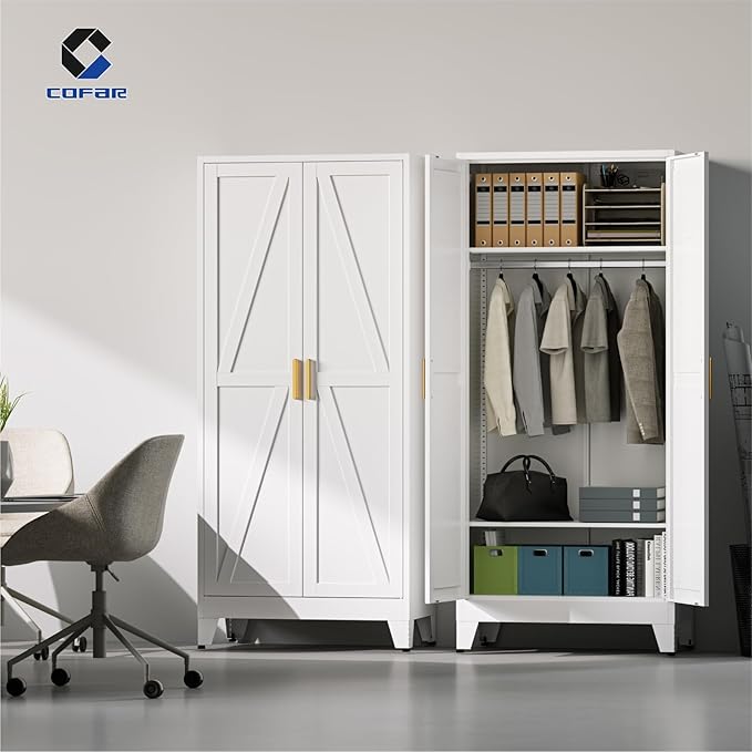 COFaR 71'' Metal Wardrobe Closet, Bedroom Armoire Cabinet with Adjustable Hanging Rod and Shelves, 2 Doors Farmhouse Closet Storage for Garage Laundry, White Roperos para Guardar Ropa