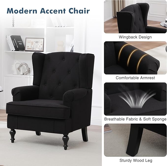 Accent Chair for Living Room, Mid Century Modern Upholstered Armchair, Wingback Chair with Tufted High Back and Solid Legs, Comfy Side Chairs Single Sofa for Bedroom, Black