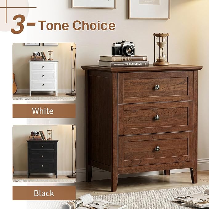 Karl home Farmhouse Nightstand with Charging Station, Wide End Table with 3 Large Drawers & Mental Handles, Wood Small Side Table of Drawers for Bedroom, Closet, Brown - Image 7