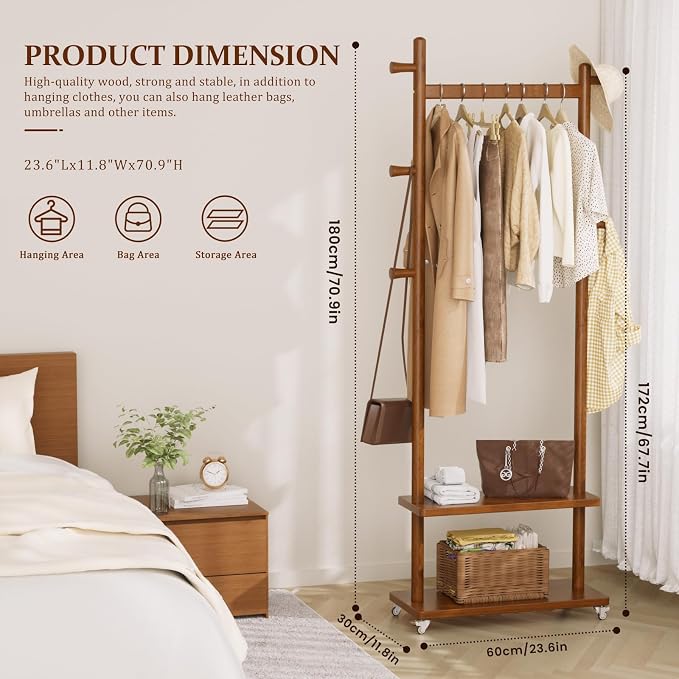 Taitiy Coat Rack Freestanding Clothing Rack with Wheels & 2 Shelves Storage & 5 Hooks Heavy Duty Clothes Rack Wood Coat Tree Stand Hat Hanger Rack for Corner Bedroom Entryway Living Room Hotel Size L - Image 2