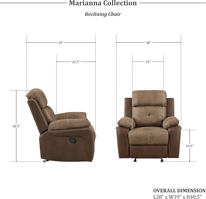 Lexicon Marianna 3-Piece Reclining Living Room Sofa Set, Brown