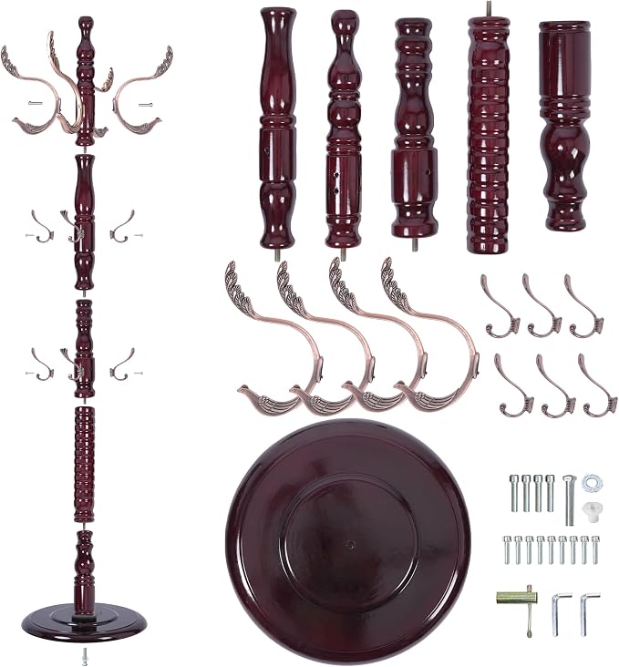 73'' Vintage Coat Racks Freestanding with 20 Metal Hooks, Solid Wood Coat Rack Hanger Stand with 3 Adjustable Size, Heavy Duty Coat Rack Tree for Entryway, Bedroom, Hallway, Office, Apartment - Image 5