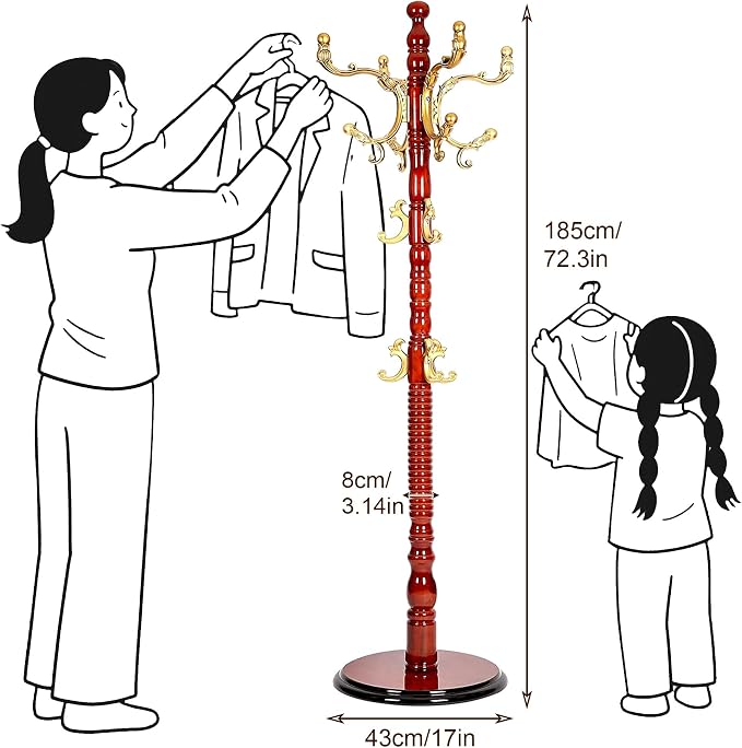 73'' Vintage Coat Racks Freestanding with 18 Hooks, Solid Wood Coat Rack Hanger Stand with 3 Adjustable Size and Disc Base, Standing Coat Rack Tree for Entryway, Bedroom, Hallway, Office, Apartment - Image 2