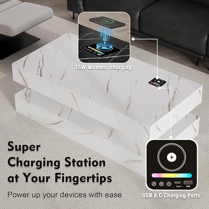 47" Modern LED Coffee Table with 2 Drawers, High Glossy Double-Layer Center Table with Wireless Charging and Built-in Bluetooth Speaker Smart Table for Living Room with Marbling White