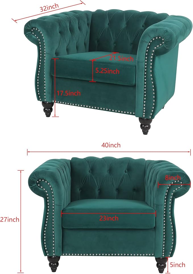 LEVNARY Velvet Chesterfield Chair, Mid-Century Modern Single Sofa Chair with Button Tufted Backrest and Nailhead Decor, Tufted Upholstered Rolled Armchair for Home Bedroom Reading Room (Green)