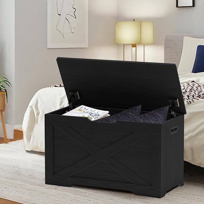 Timberer Storage Chest, Wooden Storage Bench, Entryway Shoes Bench with 2 Safety Hinges, for Living Room, Bedroom, 15.7 x 31.5 x 18.9 Inches, Black - Image 2