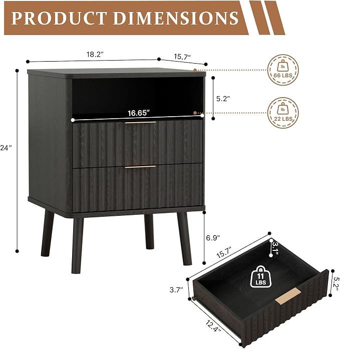 Night Stand Table with 2 Drawers, Nightstand Fluted Wood Bedroom Bed Side Table Living Room End Table with Open Storage Layer, Mid-Century Modern Black Nightstand Wooden Bedside Table, 1 Pc - Image 2