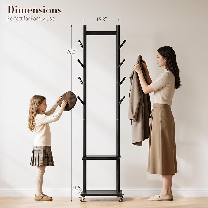 Yoobure Solid Wood Coat Rack Freestanding - Rolling Clothes Rack with 8 Hooks & Shelves, Small Clothing Rack with Wheels, Heavy Duty Clothing Racks for Hanging Clothes, Portable Hall Tree for Entryway - Image 2