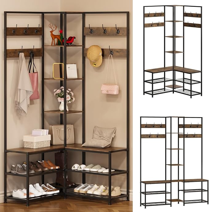GiftGo Corner Hall Tree with Shoe Rack Storage Bench Display Open Shelves Modern Industrial Entryway Coat Rack Stand for Home Living Room Mudroom Bedroom Multifunctional 5 in 1 (Rustic Brown) by GiftGoDirect