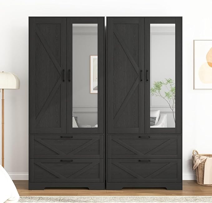 Black Armoire Wardrobe Closet with Mirror Door and LED Lights,72" Tall Farmhouse Bedroom Armoire with Drawers and Adjustable Shelves,Wooden Armoire Wardrobe Closet for Bedroom