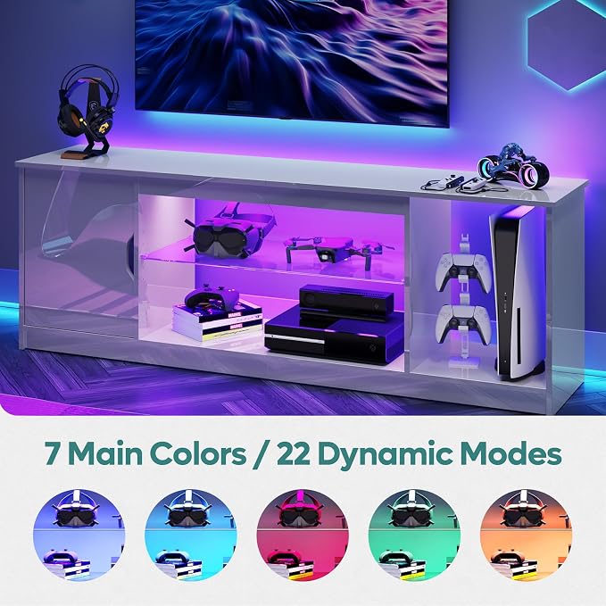 Bestier 57" Gloss White TV Stand for 65" TVs - Modern Gaming Console Unit with Glass Shelves, PS5/Xbox Cabinet, Adjustable Height Entertainment Center for Bedroom & Living Room - Image 6