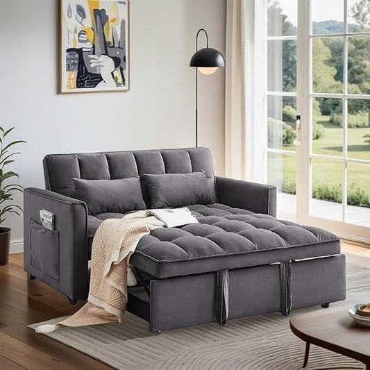 3 in 1 Sofa Bed, Love Seat Sleeper Bed with Side Pockets, Velvet Fabric Pull Out Couch with Adjustable Backrest for Living Room, Bedroom, Apartment, Deep Gray