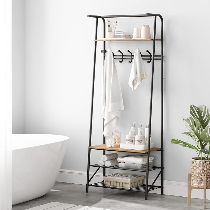IDEALHOUSE Coat Rack Shoe Bench with 5 Hooks, Hall Trees Entryway Bench with Storage, Multifunctional Hallway Organizer, Wood Look Accent Furniture with Metal Frame for Entryway, Living Room, Bedroom - Image 5