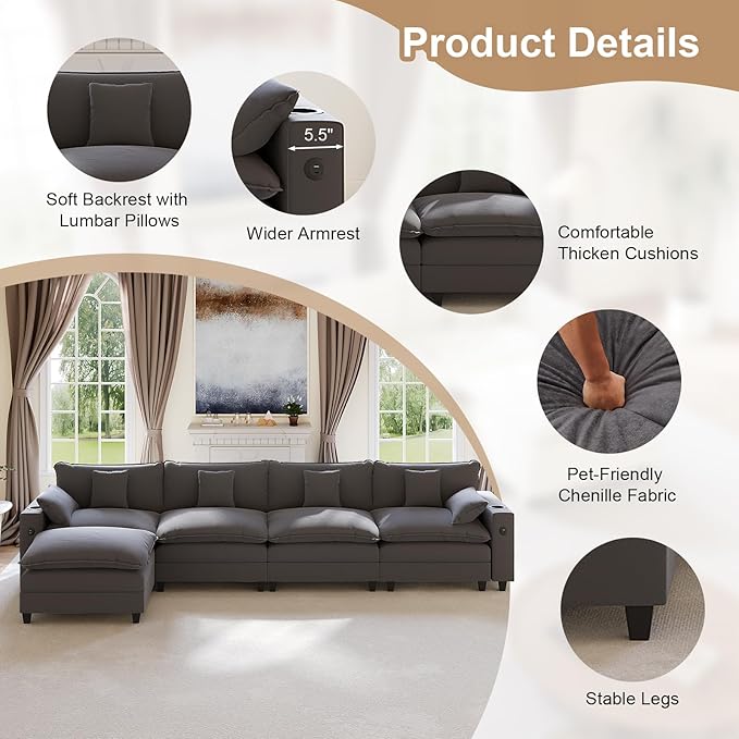 152" Modular Sectional Sofa, L Shaped Cloud Couch with Movable Ottoman, Chenille Deep Seat Cloud Sofa with Charging Station, Cup Holder, Side Pocket, Sectional Couches for Living Room, Grey