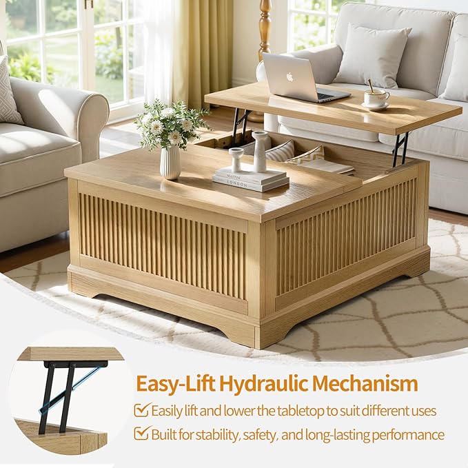 Lift Top Coffee Table with Storage,Fluted Coffee Tables with Lifting Top,Modern Farmhouse Square Center Table for Living Room, Home Office, with Hidden Compartment, Flip-Up Lids, Natural Oak