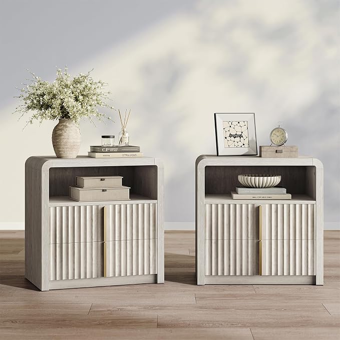 ModernMate Night Stand Set of 2, 23.6" Fluted Nightstand with 2 Drawers, Curve Profile Bedside Table with Solid Metal Handle, Thicken End Side Table for Bedroom, White Alder by ModernMate