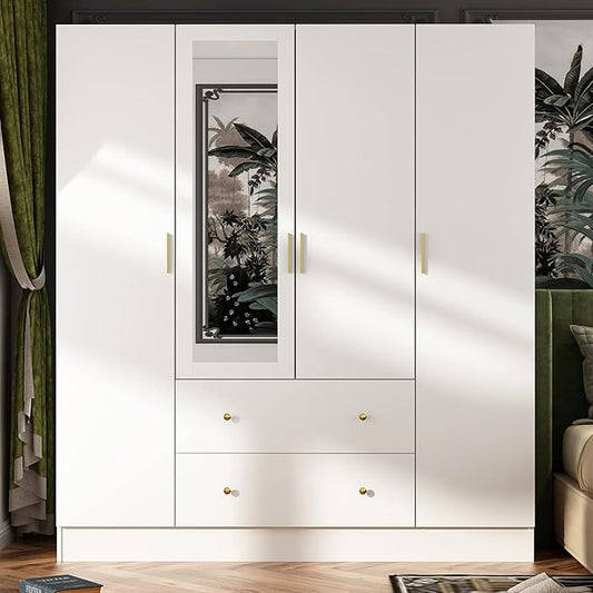 AGOTENI Large Bedroom Armoire Closet with 1 Mirror, 2 Drawers, 70.9”H Tall Armoire Wardrobe Closet with Doors and Shelves, Clothing Rod, White