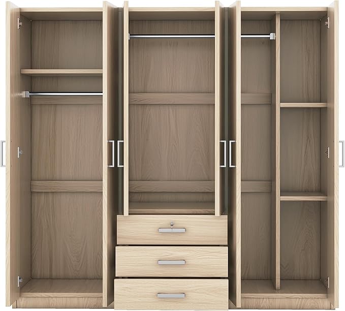 Merax 6 Doors Wardrobe Clothes Organizer, Wooden Armoire Wardrobe Closet with Three Big Drawers with Locker, Hanging Rail and Shelves for Home Room, Bedroom, Natural