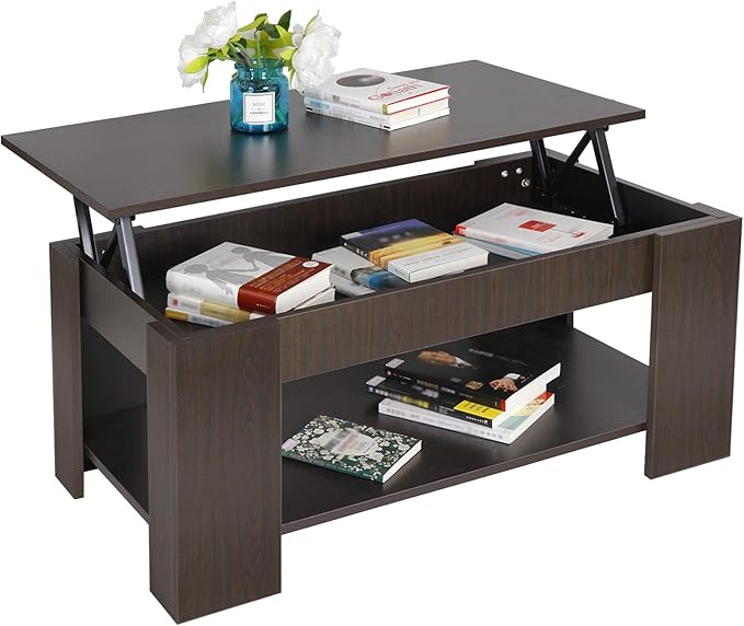 SUPER DEAL Modern Lift Top Coffee Table w/Hidden Compartment and Storage Shelves Pop-Up Storage Cocktail Table for Living Room Reception Room