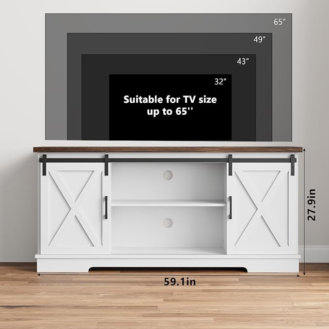 IDEALHOUSE Farmhouse Tv Stand for 65 inch TVs, Entertainment Center with Sliding Barn Doors and Adjustable Shelf, Modern Storage Media TV Console TV Stand Table for Living Room, Bedroom, White & Brwon - Image 8