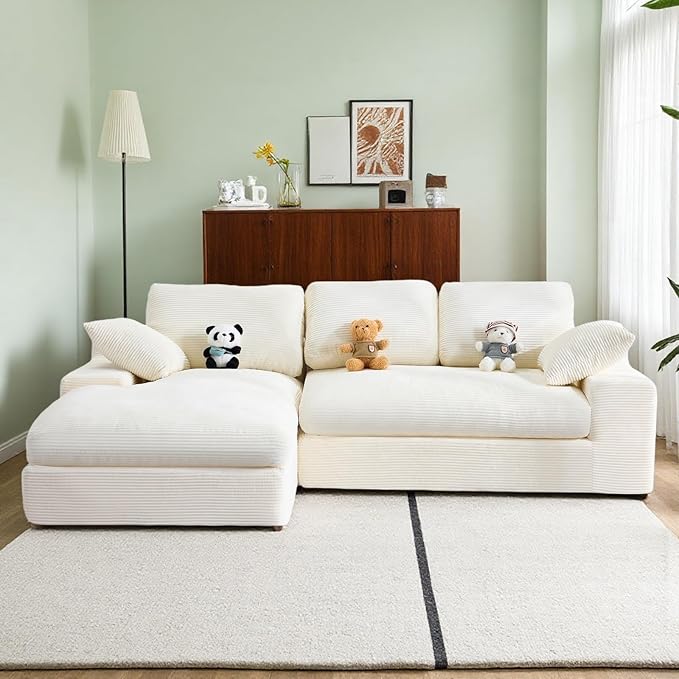 L Shaped 4 Seater Sofa, Modern Modular Sofa with 3 Back Cushions & 2 Coordinating Pillows, 98'' Corduroy Leisure Combination Couch with Wide Seat & High-Resilience Foam for Living Room, White
