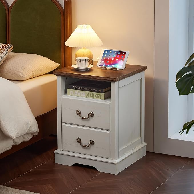Farmhouse Nightstand with Charging Station, 2 Drawers Night Stand with Storage Shelf, Rustic White 18" Wide Wood Bedside Table, Bed Side End Tables for Bedroom, Living Room - Image 9