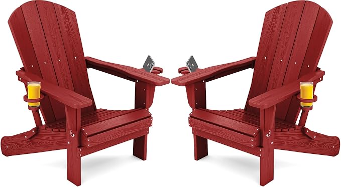 SERWALL Adirondack Chair with Cup Holders - Composite Adirondack Chairs Set of 2 HDPE Outdoor Chairs All Weather Use- Dark Red by SERWALL