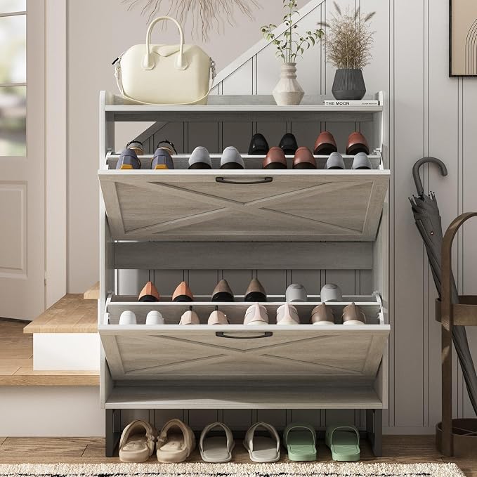 Maupvit Shoe Storage Cabinet with 2 Flip Drawers, Freestanding Organizer with Metal Legs for Entryway, Narrow Shoe Rack Cabinet, Beige - Image 3