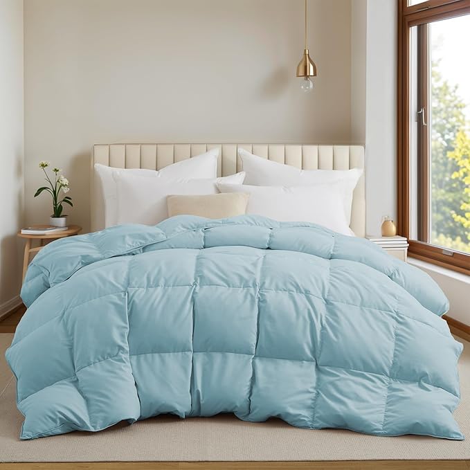 UNIKOME Goose Feather Down Fiber Comforter King Size, All Season Duvet Insert with Soft Downproof Cover, Cloud-Like Fluffiness Bed Comforters with Corner Tabs (King, Blue, 88"X104")