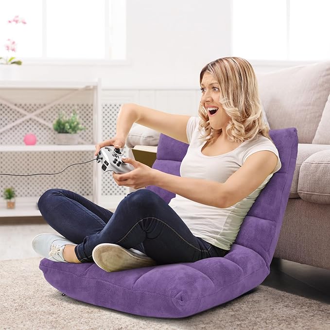 14-Position Floor Sofa, Folding Gaming Sofa Chair, Comfy Cushions & Study Steel Frame, Angle Adjustable Sleeper Bed, Couch Recliner (Purple)
