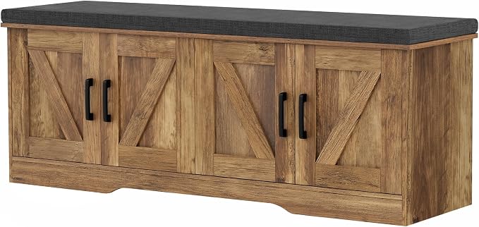 HOMSHO 2-Tier Storage Bench, 47.2" Wide Shoe Bench with Padded Seat Cushion, Entryway Bench with 4 Barn Doors and Adjustable Shelf, Rustic Walnut by HOMSHO