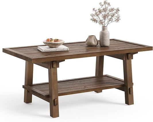 Solid Wood Coffee Table, 47-Inch Rustic Coffee Table for Living Room, 2-Tier Wood Farmhouse Rectangle Center Table with Storage, Vintage Brown