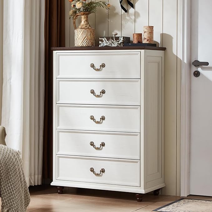 Joaxswe 24" Wide Farmhouse Nightstand with Charging Station Set of 2, 45" Tall Rustic Chests of 5 Drawers w/ 4 Solid Wood Feet, Farmhouse Furniture Series for Living Room,Bedroom,White