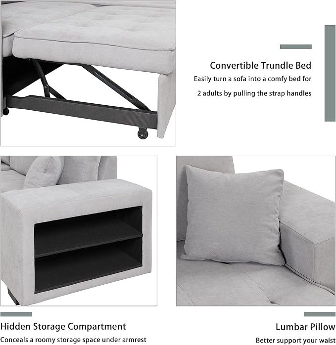 104.5 inch Reversible Sleeper Sectional Sofa with Pull Out Bed , Convertible L Shaped Sectional Couch with Storage Chaise and 2 Stools , Tufted Upholstered Pullout Sofa Bed for Living Room Apartment