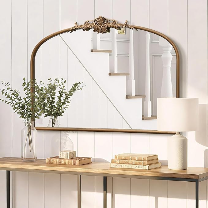 Besdomus Vintage Arched Gold Mirror: 32"x24" French Large Gold Vintage Wall Mounted Mirror - Baroque Traditional Ornate for Bedroom/Fireplace/Bathroom/Hallway - Wall Decor for Fashion-Conscious by Besdomus