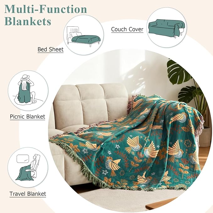 Boho Throw Blanket - 100% Cotton Soft Throw Blanket for Bed, 90"x108" Reversible Breathable Lightweight Spring Blankets, All Seasons Farmhouse Decor Floral Plant Bird Throw Quilt