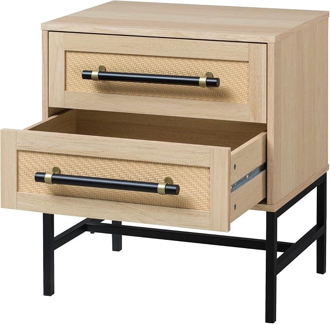 Sophia 2-Drawer Nightstand in Natural Oak Look with Rattan Panels and Minimalist Black Metal Frame- Perfect Bedroom Storage for Small Spaces, Large Suites, or Living Rooms - Image 2