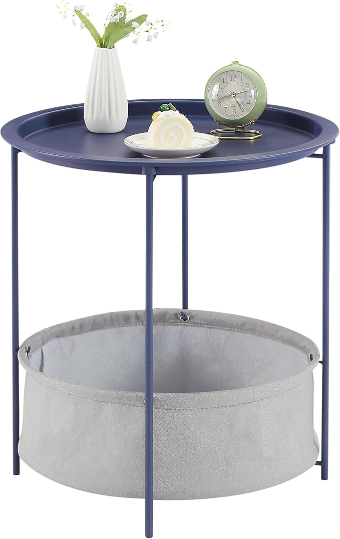 VECELO Round Side/End Table with Fabric Storage Basket，Metal Anti-Rust and Waterproof Small Bedside Nightstand with Removable Tray Top for Living Room，Balcony & Laundry，Blue /1pcs with Basket by VECELO